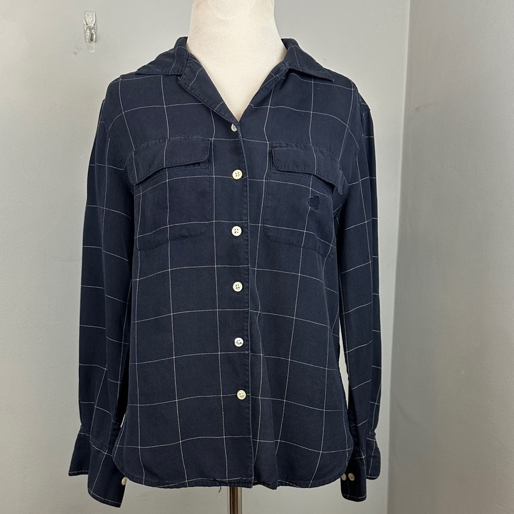 Lauren Ralph Lauren 100% Silk Navy Window Pane Button Up Shirt Sz 6 Petite